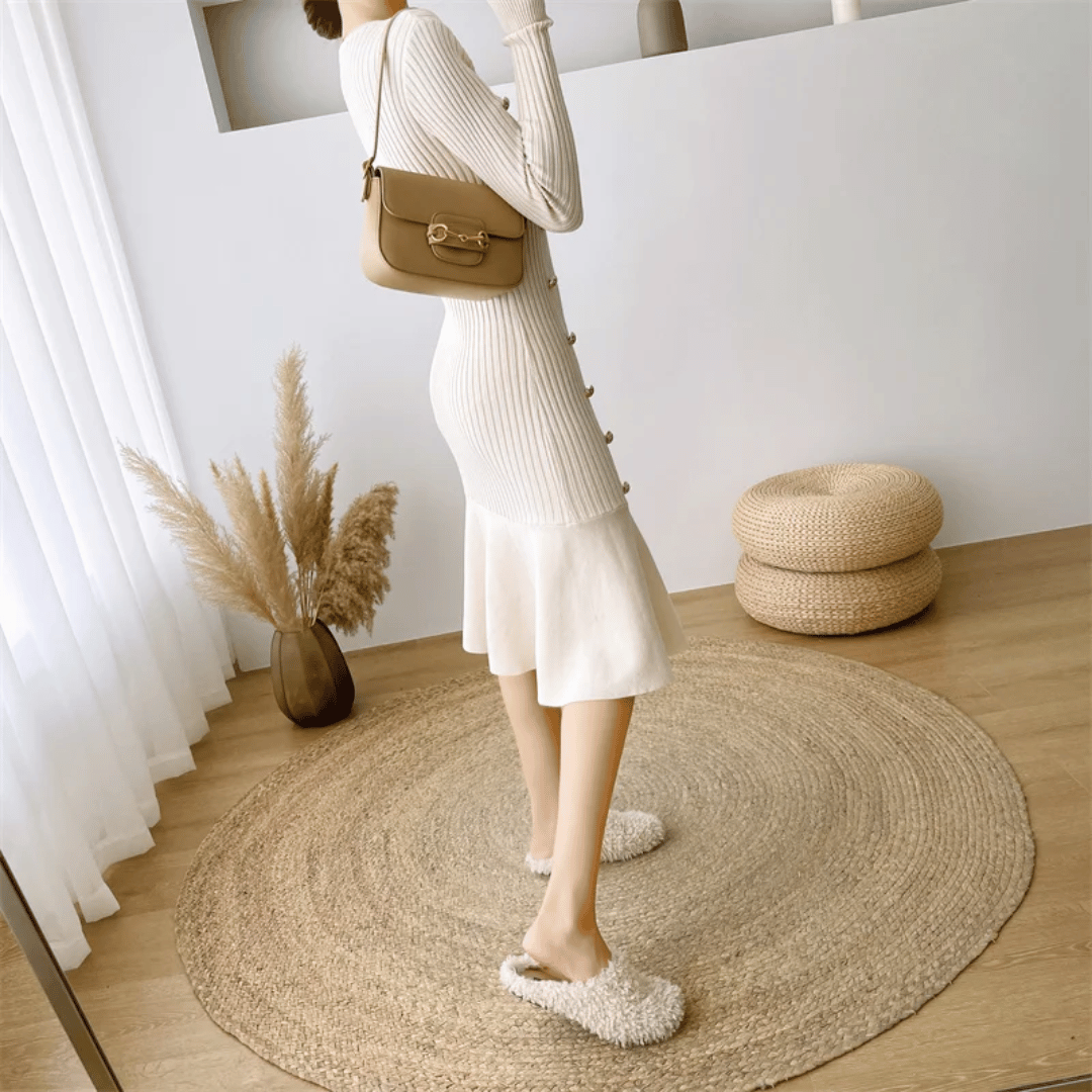 Women's Knit Midi Dress - Ribbed Texture - Long Sleeve - Button Detail - Mermaid Hem