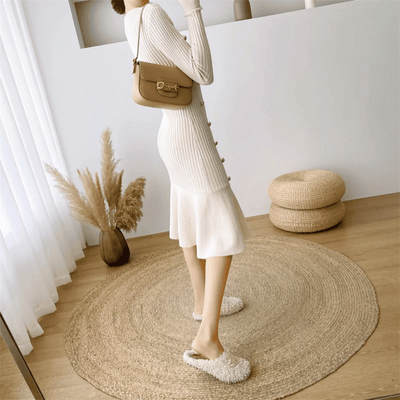 Women's Knit Midi Dress - Ribbed Texture - Long Sleeve - Button Detail - Mermaid Hem
