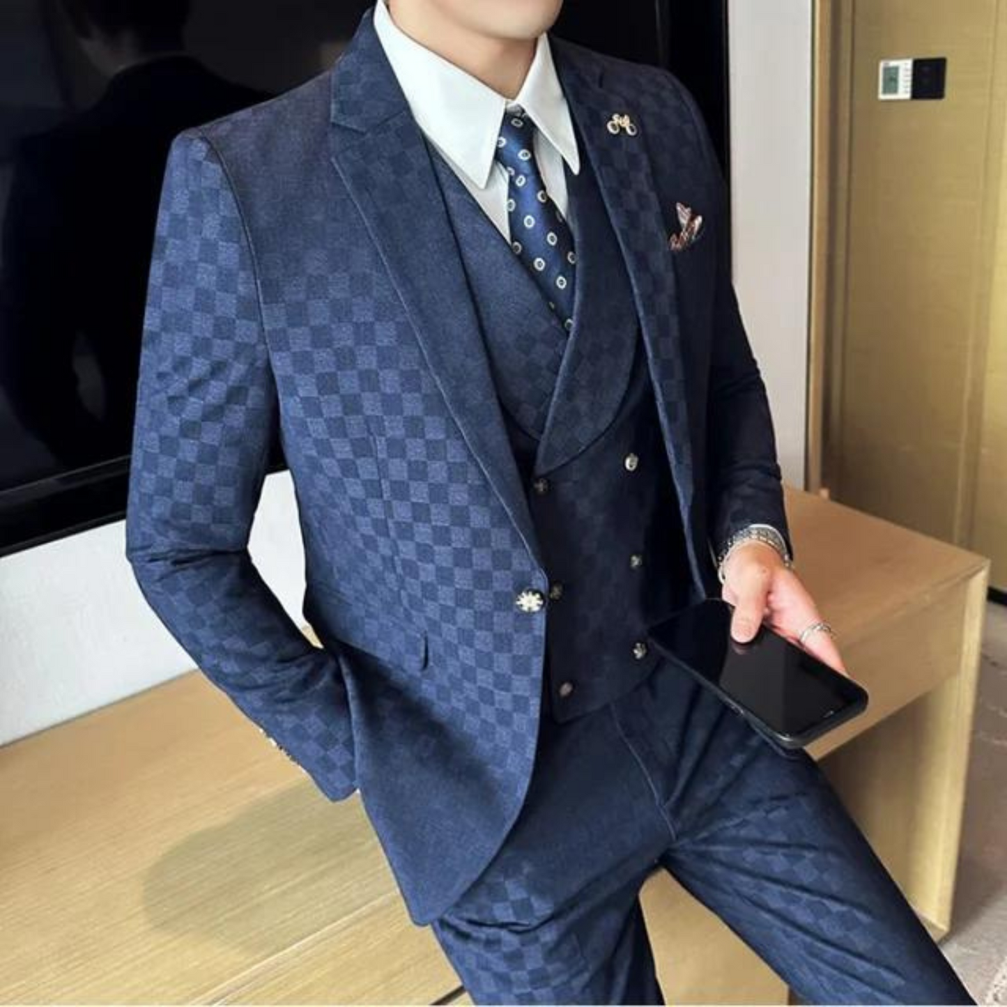 Men's Business Three-Piece Suit with Check Pattern