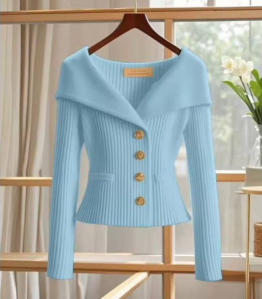Women’s Cardigan – Fitted Silhouette – Soft Knit – Ribbed Texture – Wide Collar