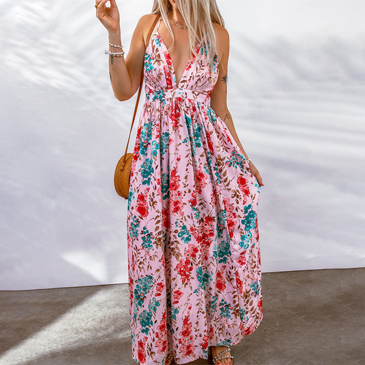 Women’s Maxi Dress – Floral Print – Deep V-Neck – Breathable Blend – Flowy Fit