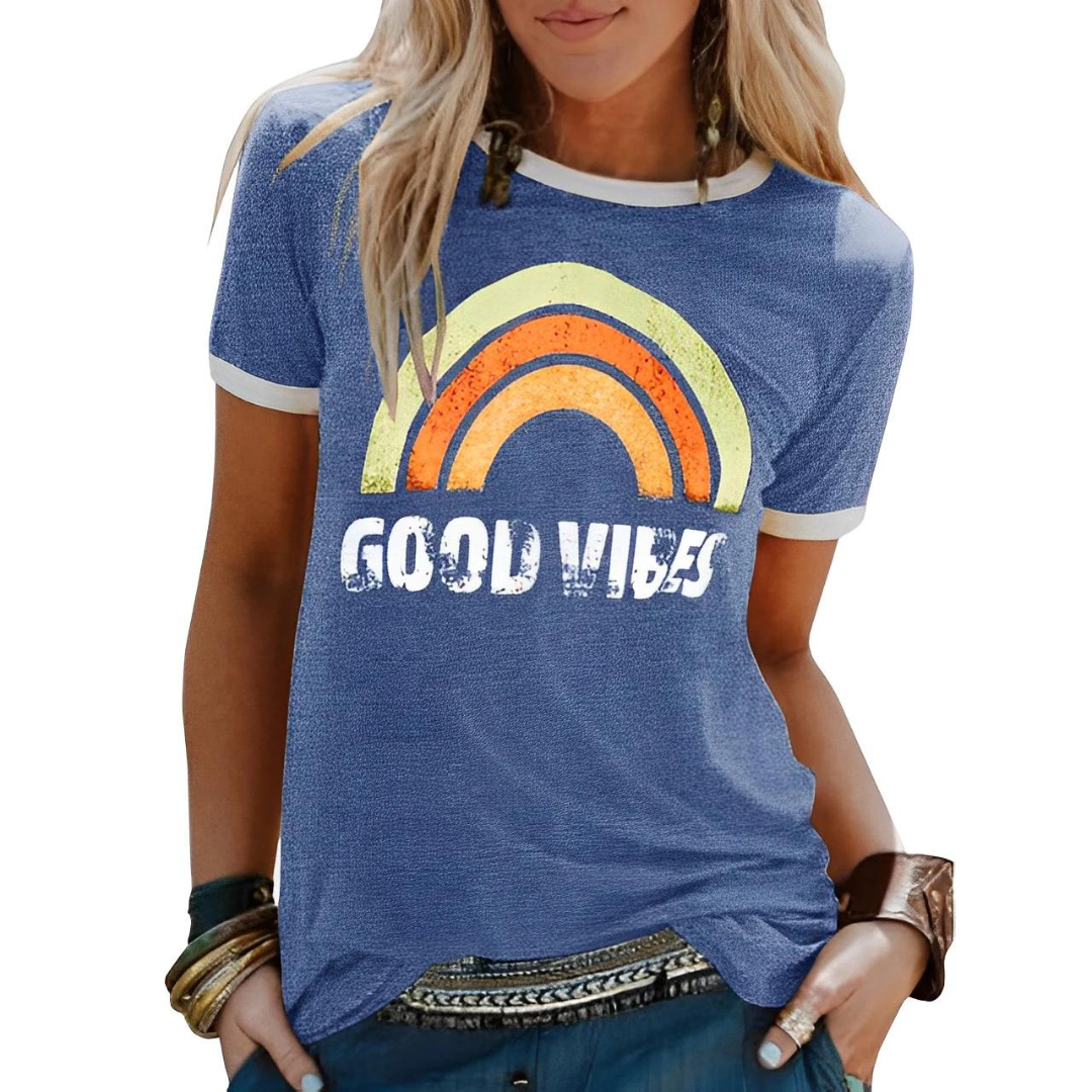 Women’s T-shirt – Relaxed Fit – Soft Knit – Ribbed Trim – Graphic Front Casual Wear