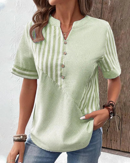 Women's Blouse - Lightweight Breathable Fabric - Striped - Mandarin Collar - Short Cuffed Sleeves