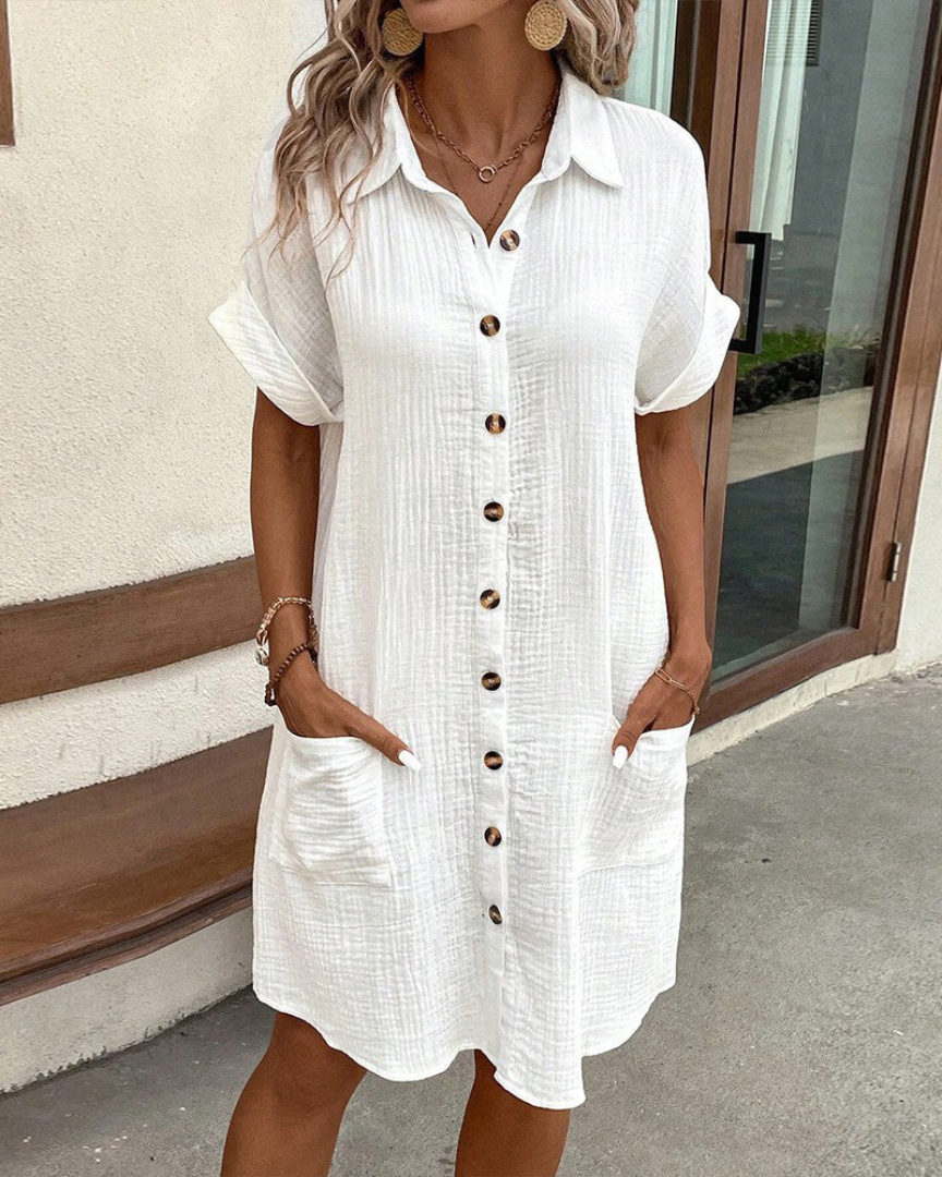 Women’s Shirt Dress – Relaxed Fit – Breathable Blend – Button Front – Rolled Sleeves – Pockets