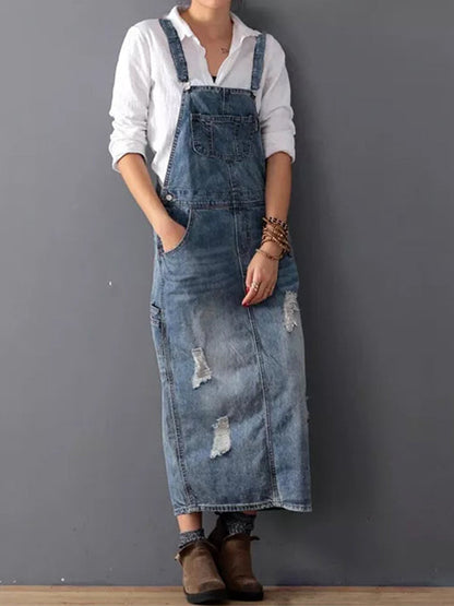 Women’s Denim Midi Dress – Relaxed Fit – Adjustable Straps – Distressed Finish