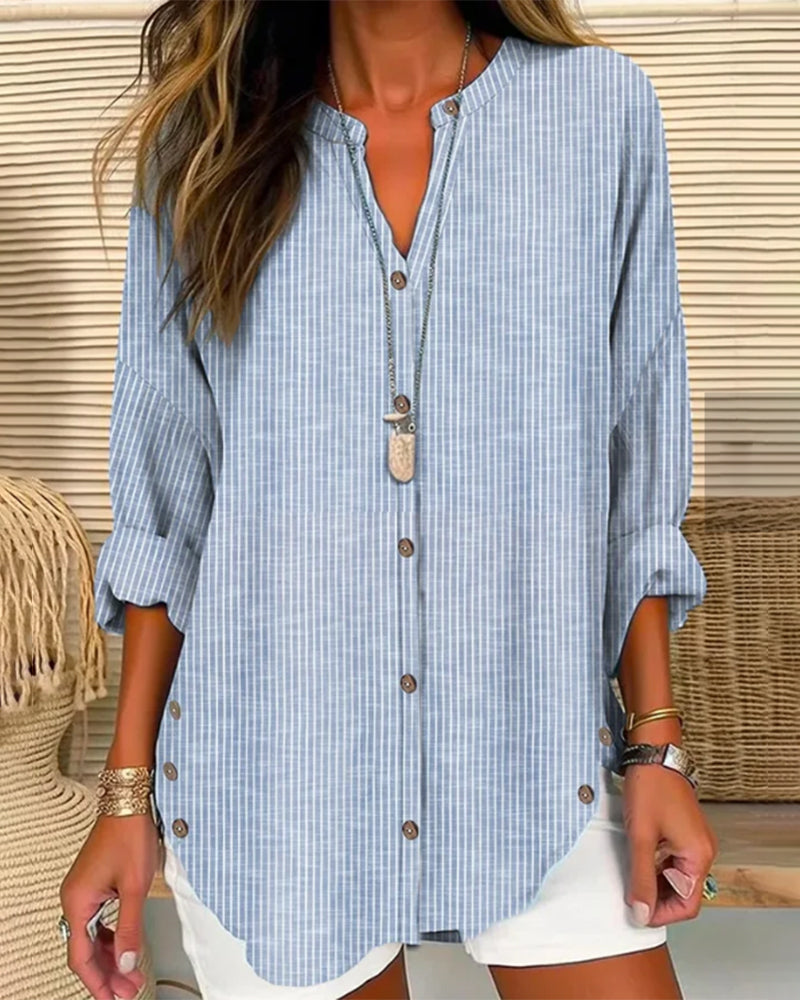 Women’s Blouse – Relaxed Fit – Striped Pattern – V-Neck Button Front – Breathable Blend