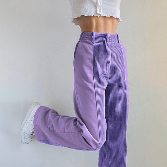 Women's Trousers - High Waist - Flared Wide Leg - Ribbed Side Detailing - Casual Fit