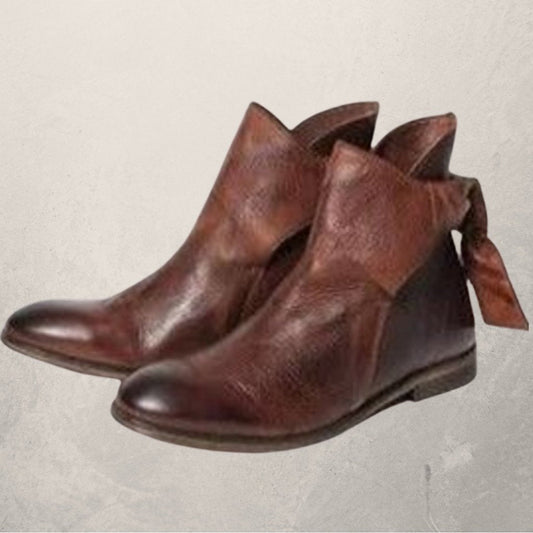 Women’s Ankle Boots – Leather – Sleek Fit – Wrap Tie – Flat Sole – Minimalist Design
