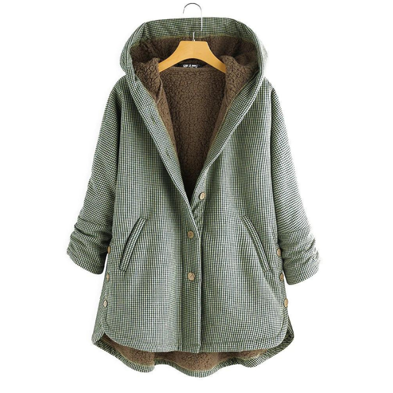 Women's checked coat with buttons and hood