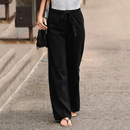 Women’s Wide-Leg Trousers – High Waist – Breathable Blend – Fabric Tie Belt – Full Length