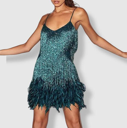 Women's Evening Dress - Fitted Silhouette - Sequin Fringe Detailing - Feather Hem