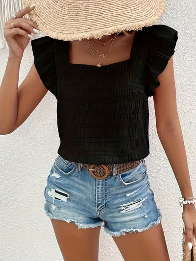 Smocked square-neck top with flutter sleeves for women