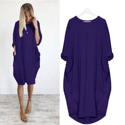 Women’s Midi Dress – Relaxed Fit – Breathable Blend – Round Neck – Side Pockets