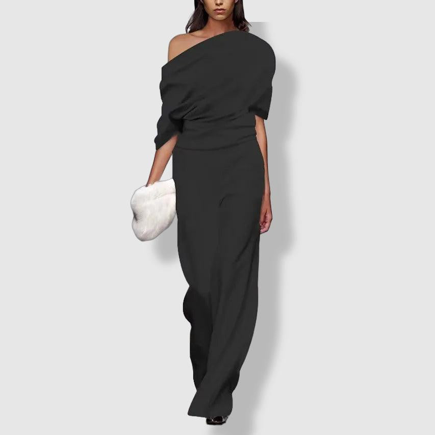 Women’s Off-Shoulder Jumpsuit - Draped Bodice - Cinched Waist - Wide-Leg Elegant Fit