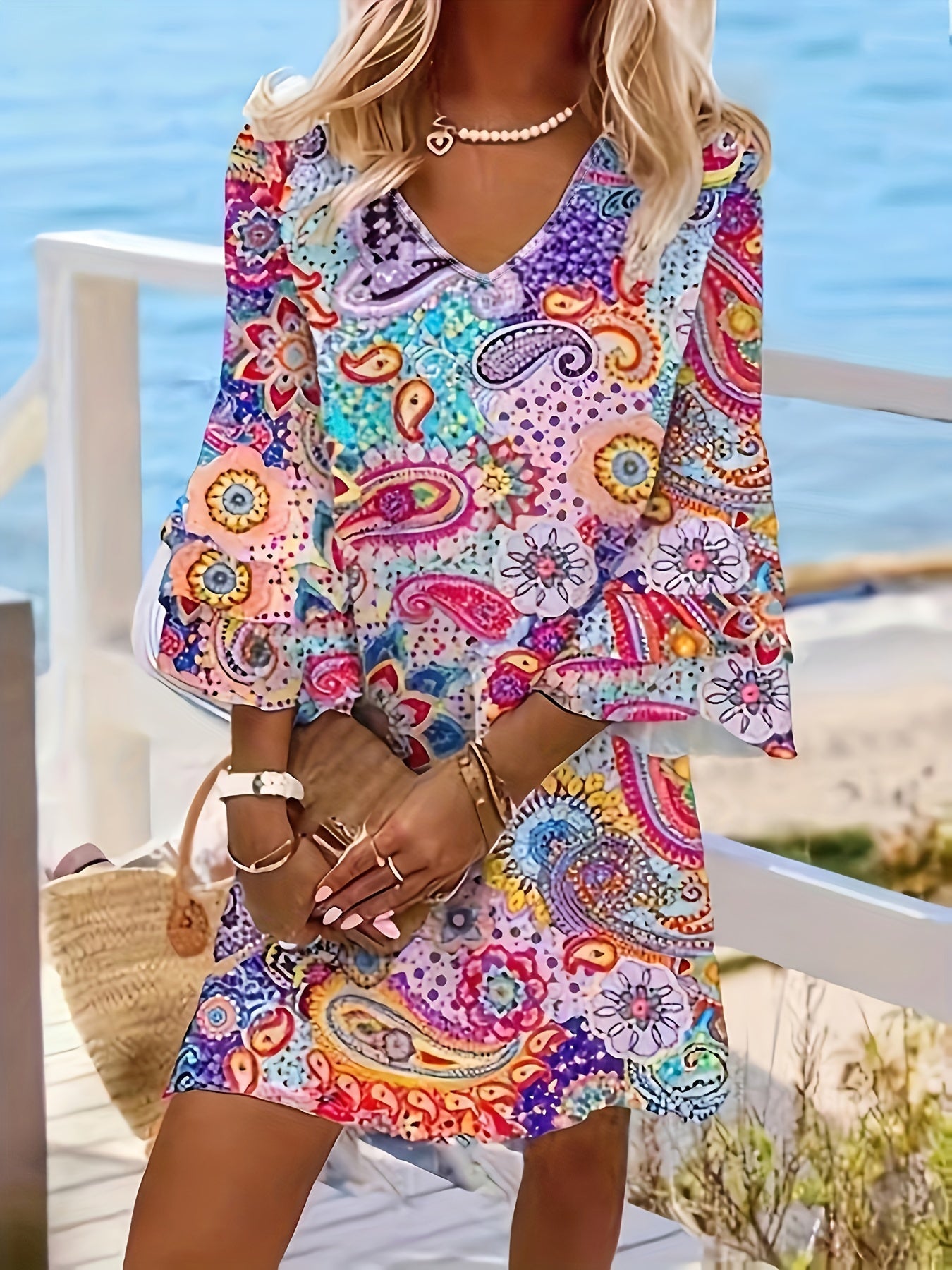 Women's Dress - V-Neck - Long Sleeve - Flowy Lightweight Paisley Boho Style