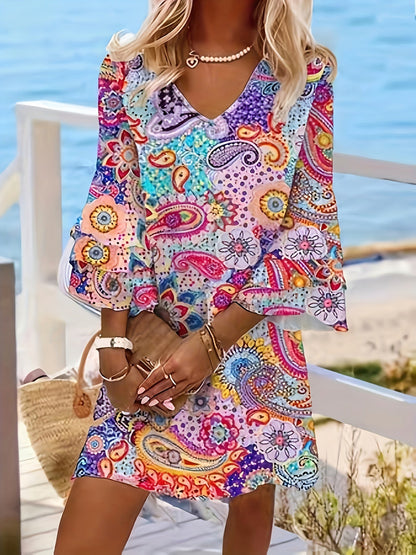 Women's Dress - V-Neck - Long Sleeve - Flowy Lightweight Paisley Boho Style