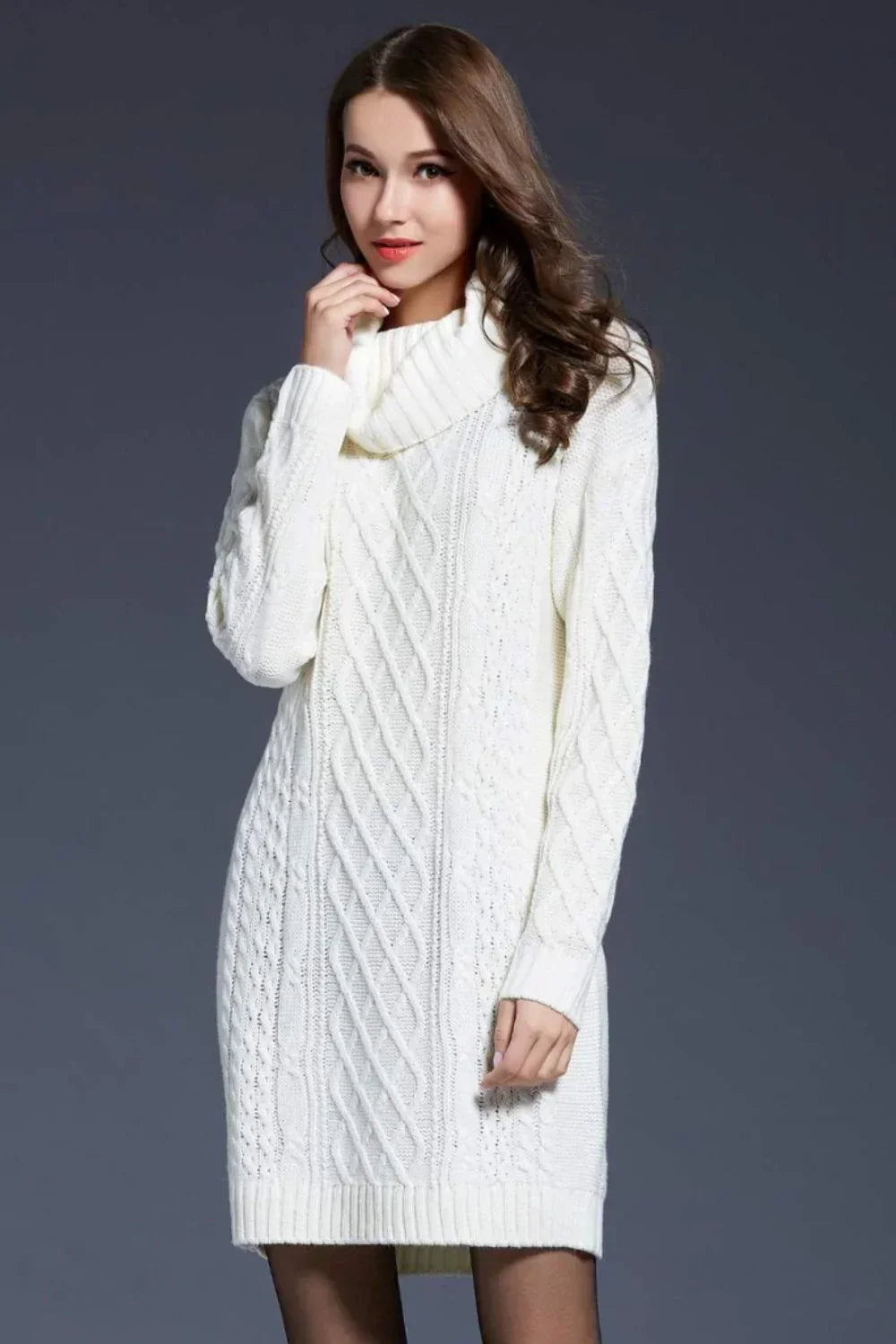 Women's Cable Knit Sweater Dress - Wool Blend - Cowl Neck - Long Sleeve - Relaxed Fit