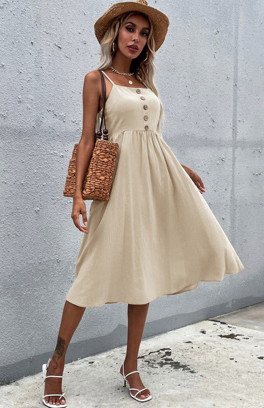Women's Midi Dress - Sleeveless A-Line - Button-Down Fitted Bodice - Flared Casual Fit