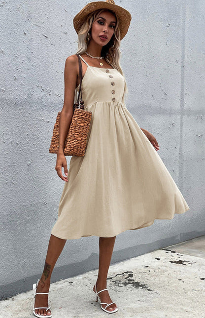 Women's Midi Dress - Sleeveless A-Line - Button-Down Fitted Bodice - Flared Casual Fit