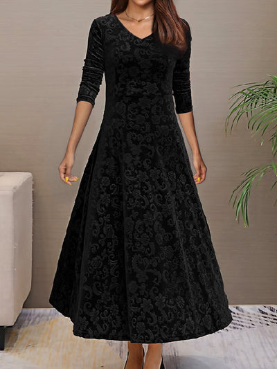 Women’s Midi Dress - Velvet A-Line - Floral Pattern - V-Neck - 3/4 Sleeve Elegant Fit