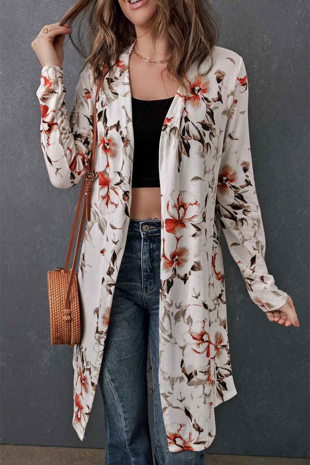 Women's printed open front long cardigan