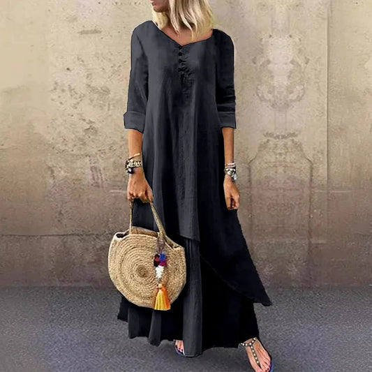Women’s Midi Dress – Relaxed Fit – Natural Fibers – Asymmetrical Hem – 3/4 Sleeve