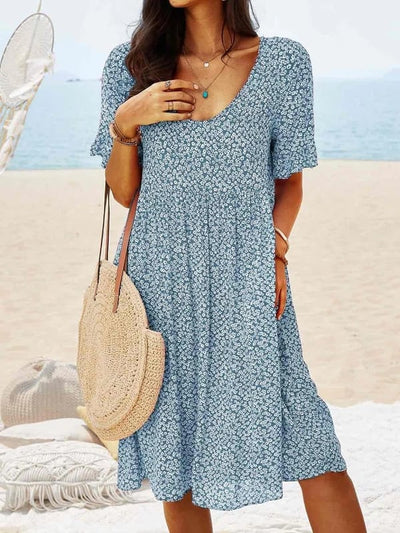 Women's Floral Dress - Lightweight Flowy Fabric - V-Neck Short Puff Sleeve - Knee Length