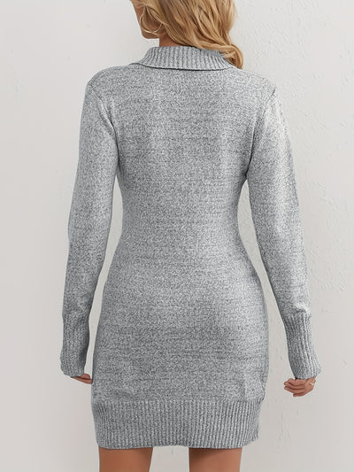Women's Knitted Sweater Dress - Wrap V-Neck - Long Sleeve - Button Detail - Bodycon Fit