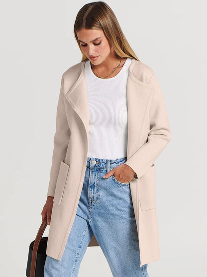 Women’s Knee-Length Coat – Wool Blend – Relaxed Fit – Wide Lapel – Patch Pockets