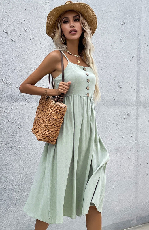 Women's Midi Dress - Sleeveless A-Line - Button-Down Fitted Bodice - Flared Casual Fit