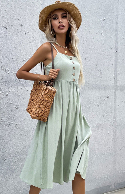 Women's Midi Dress - Sleeveless A-Line - Button-Down Fitted Bodice - Flared Casual Fit