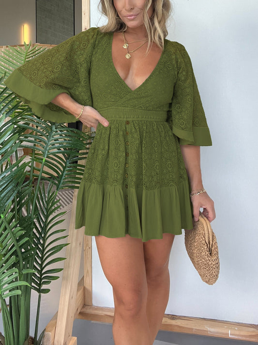 Women's Lace Romper - Deep V-Neck - Flared Sleeves - Fitted Waist - Tiered Hem