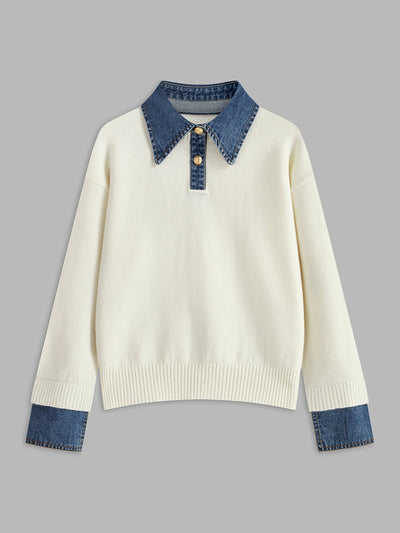 Women’s Sweater – Relaxed Fit – Knit Body – Denim Collar and Cuffs – Layered Look