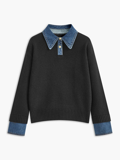 Women’s Sweater – Relaxed Fit – Knit Body – Denim Collar and Cuffs – Layered Look