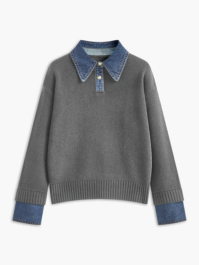 Women’s Sweater – Relaxed Fit – Knit Body – Denim Collar and Cuffs – Layered Look
