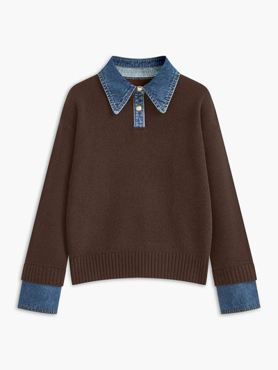 Women’s Sweater – Relaxed Fit – Knit Body – Denim Collar and Cuffs – Layered Look