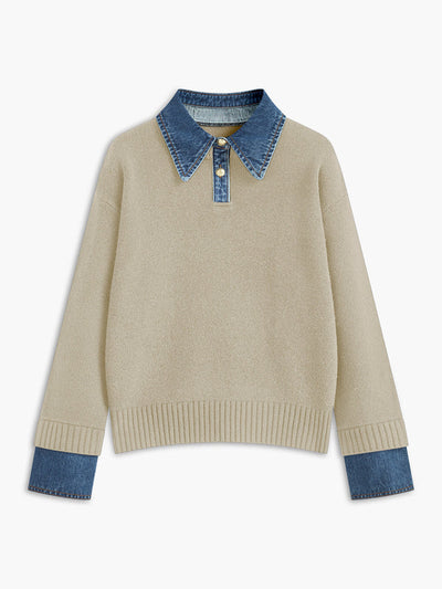 Women’s Sweater – Relaxed Fit – Knit Body – Denim Collar and Cuffs – Layered Look