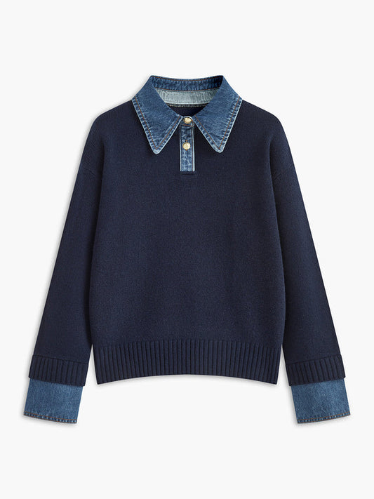 Women’s Sweater – Relaxed Fit – Knit Body – Denim Collar and Cuffs – Layered Look