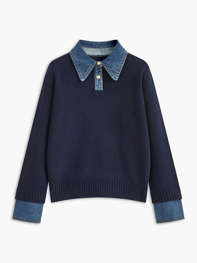 Women’s Sweater – Relaxed Fit – Knit Body – Denim Collar and Cuffs – Layered Look