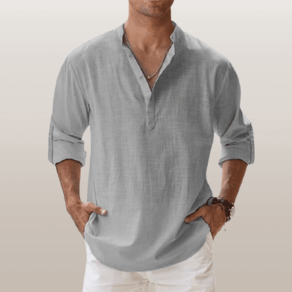 Men’s Henley Shirt - Linen Blend - Long Sleeve - Regular Fit Casual Wear