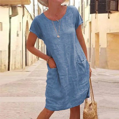 Women’s Knee-Length Dress – Natural Fibers – Relaxed Fit – Short Sleeve – With Pockets