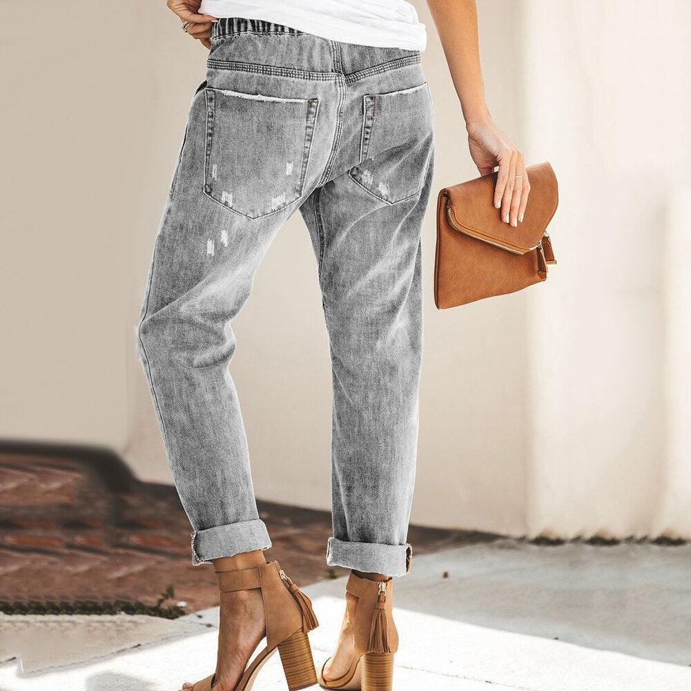 Women's Denim Jogger Trousers - Relaxed Fit - Elastic Waist - Distressed Casual Style