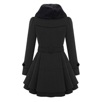 Women’s casual coat with flared hem and fur collar