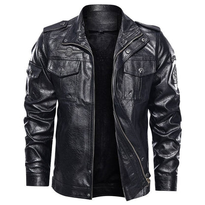 Men's casual pu leather jacket with patch details