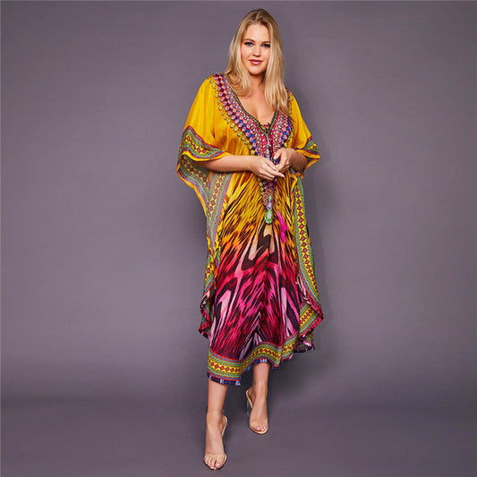 Women’s Beach Dress – Relaxed Fit – Kaftan Style – Breathable Blend – V-Neck Midi