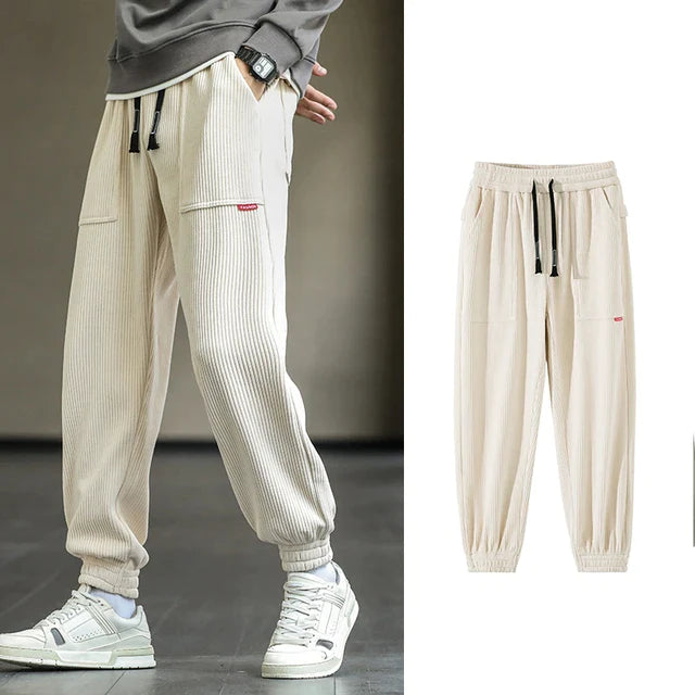 Men’s Corduroy Joggers - Relaxed Fit - Elastic Cuffs - Drawstring Waist - Casual Trousers