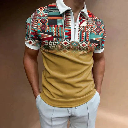 Men’s Polo Shirt - Muscle Fit - Zip-Up Placket - Retro Stripe Pattern - Short Sleeve