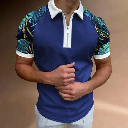 Men’s Polo Shirt - Muscle Fit - Zip-Up Placket - Retro Stripe Pattern - Short Sleeve