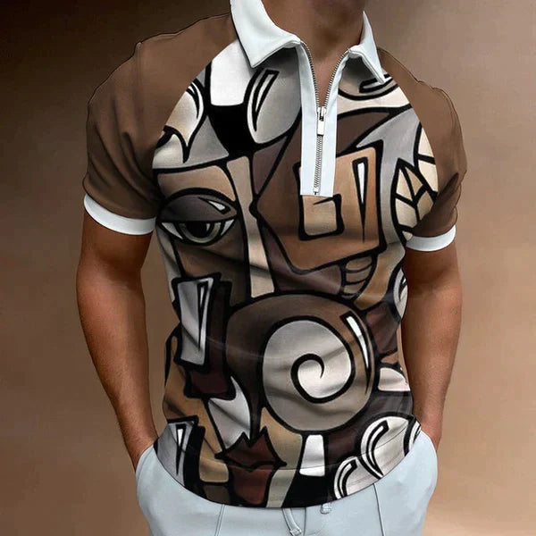 Men's Polo Shirt - Muscle Fit - Zipper Collar - Houndstooth Panel - Short Sleeve