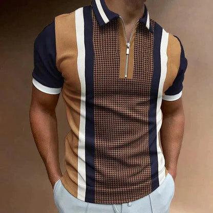 Men’s Polo Shirt - Muscle Fit - Zip-Up Placket - Retro Stripe Pattern - Short Sleeve